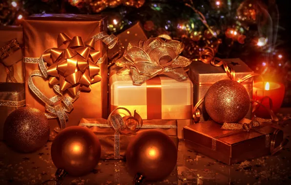 Картинка зима, шарики, свет, огни, ленты, игрушки, елка, свечи, Новый Год, Рождество, подарки, Christmas, золотые, коробки, …