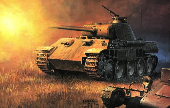 Картинка рисунок, вспышка, выстрел, арт, Пантера, танк, Вторая мировая война, немецкий, средний, Panther, PzKpfw V