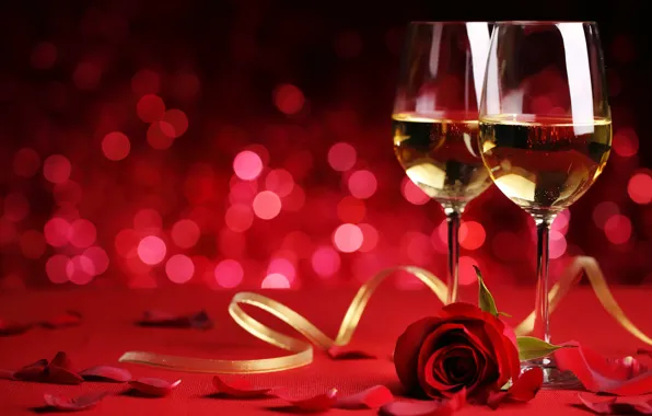 Картинка праздник, вино, роза, бокалы, bokeh