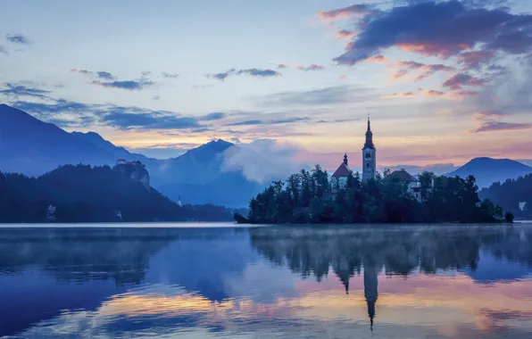 Картинка горы, озеро, отражение, остров, церковь, Словения, Lake Bled, Slovenia, Бледское озеро, Мариинская церковь