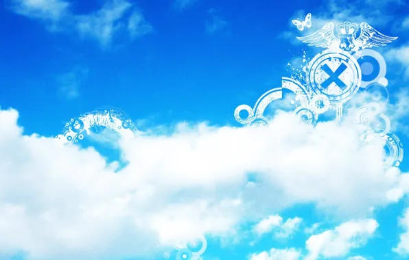 Картинка небо, облака, полоски, полосы, узоры, плоские фигуры, белое, бабочка, голубое