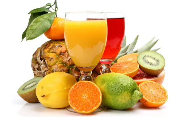 Картинка лимон, апельсины, киви, лайм, фрукты, ананас, цитрусы, грейпфрут, мандарин, соки