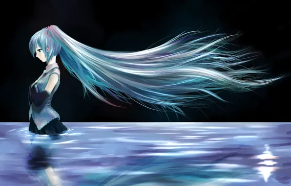 Картинка девушка, ночь, озеро, волосы, аниме, Хацунэ Мику, Вокалоид