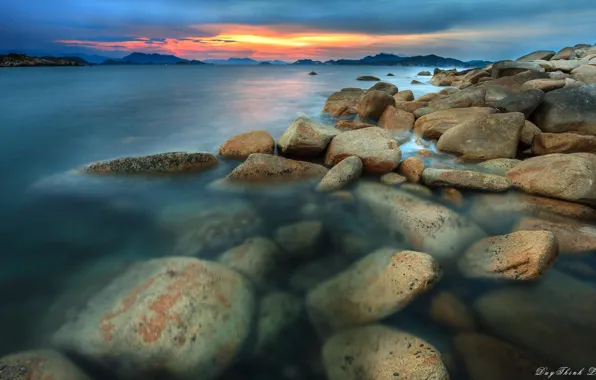 Картинка море, пейзаж, закат, камни, берег
