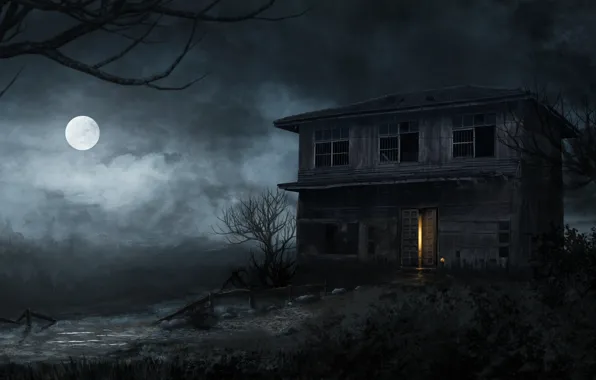 Картинка ночь, дом, дерево, луна, болото, haunted house