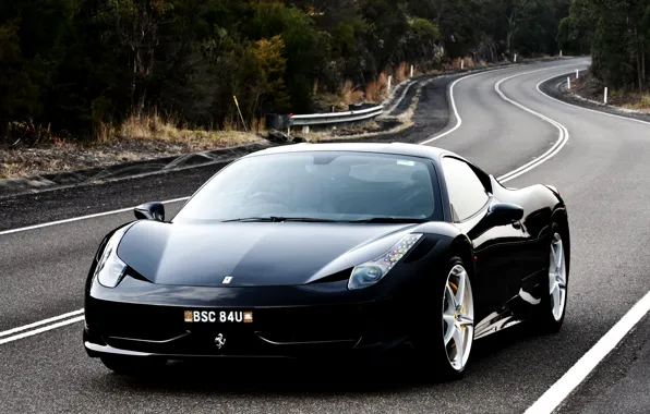 Картинка дорога, чёрный, Феррари, Италия, Ferrari, суперкар, 458, italia, передок