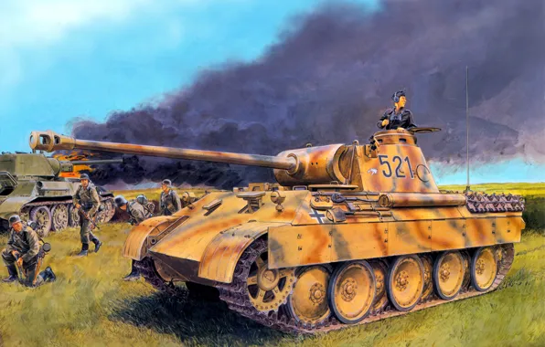 Картинка поле, огонь, пламя, дым, арт, Пантера, солдаты, танк, немецкий, Panther, Panzerkampfwagen, горящий, немецкие, Т-34-76, Великая …