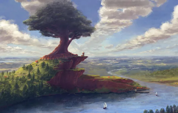 Картинка лес, небо, облака, город, река, дерево, берег, лодка, мельница, древо