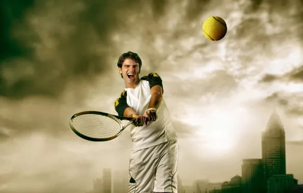 Картинка тучи, город, мяч, ракетка, мужчина, теннис