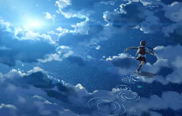 Картинка небо, вода, девушка, солнце, облака, отражение, аниме, арт, форма, школьница, hanyijie
