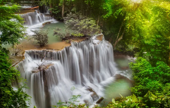 Картинка лес, деревья, река, камни, водопад, обработка, поток, джунгли, Thailand, таиланд, каскад