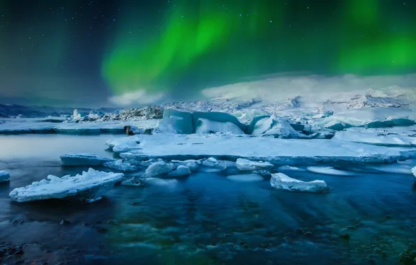 Картинка Frozen, Stars, Aurora, Winter, Lights, Snow, Iceland, Ice, Northern, Lake, Borealis, Jökulsárlón, Glacial