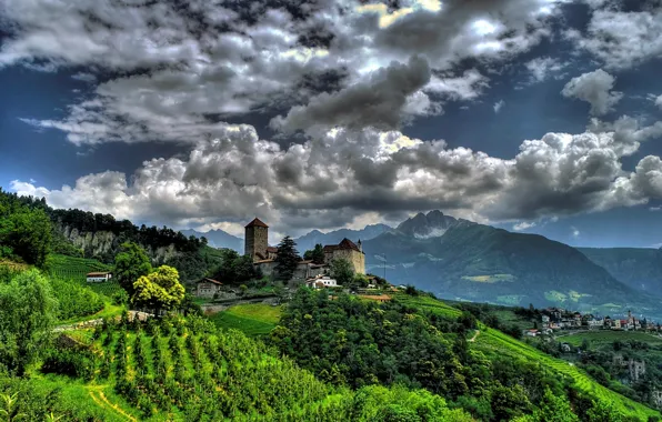 Картинка горы, замок, Италия, панорама, Italy, Южный Тироль, South Tyrol, Trentino-Alto Adige, деревня Тироло, Трентино-Альто-Адидже, Tirol …