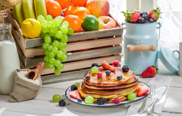 Картинка ягоды, фрукты, блины, выпечка, fruit, berries, breakfast, pancakes