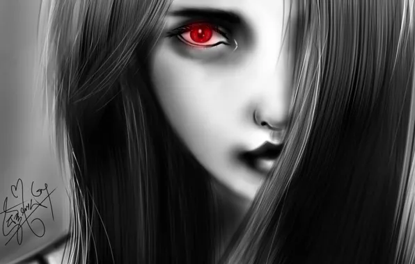 Картинка девушка, красный, лицо, глаз, волосы, рисунок, черно-белое, монохромное