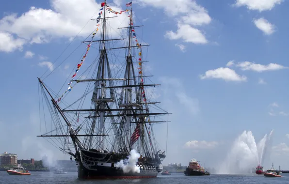 Картинка корабль, ВМС США, празднование Дня независимости Америки, парусный, Бостонская гавань, 21-пушечный салют, «Конститьюшн», старейший, USS …