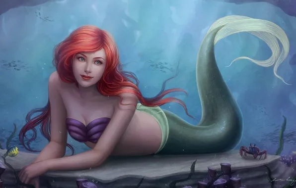 Картинка девушка, океан, русалка, рыжая, Ариэль, art, Zolaida