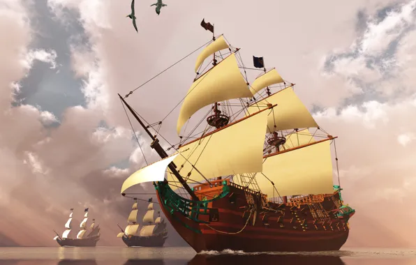 Картинка море, небо, облака, фото, корабль, парусник, 3D графика