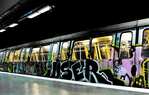 Картинка свет, city, город, надписи, метро, краски, поезд, colors, рисунки, light, graffiti, 1920x1200, train, lettering, subway, …