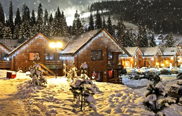 Картинка зима, лес, снег, деревья, снежинки, ночь, огни, праздник, новый год, фонари, домики, гирлянды