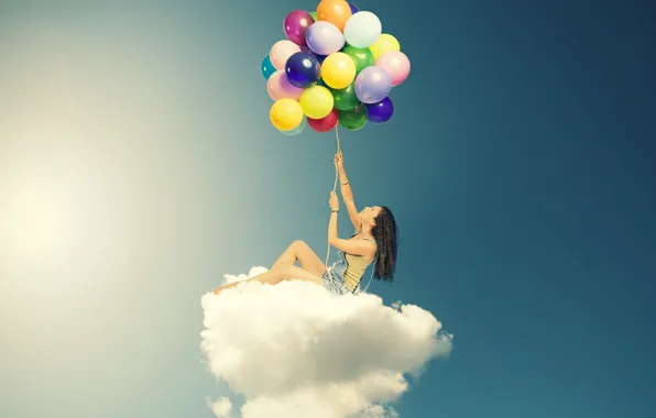 Картинка небо, девушка, облака, шарики, воздушные шары, фон, обои, настроения, женщина, цветные, облако, wallpaper, широкоформатные, background, …