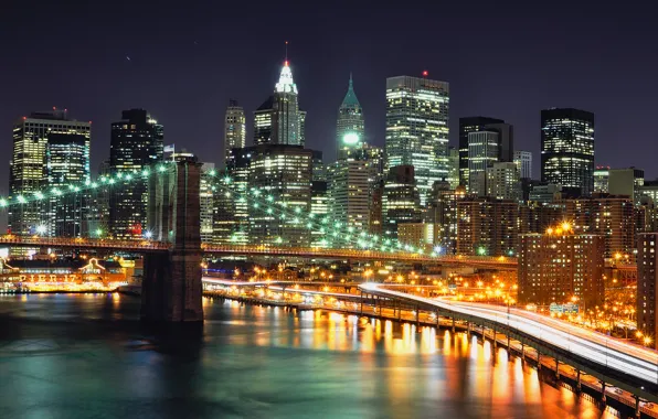 Картинка ночь, мост, огни, Нью-Йорк, небоскребы, Bridge, night, NYC