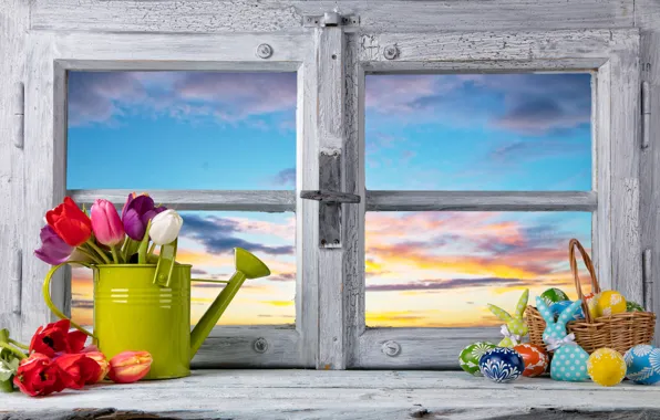 Картинка цветы, яйца, весна, окно, Пасха, тюльпаны, flowers, tulips, spring, Easter, eggs, decoration, Happy