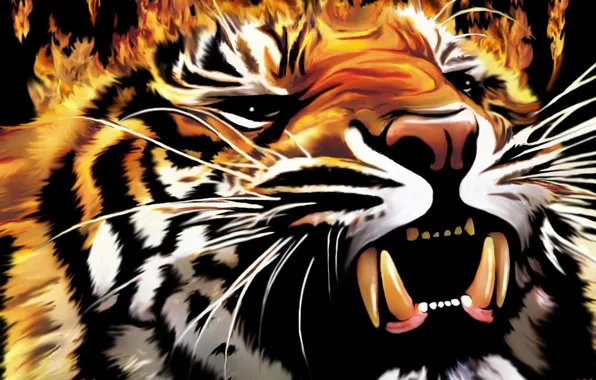 Картинка тигр, огонь, пламя, оскал