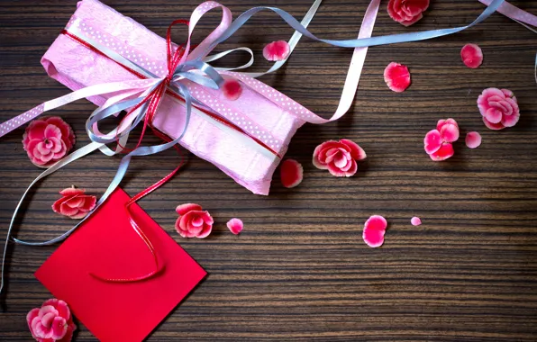 Картинка цветы, бумага, праздник, подарок, лепестки, розовые, ленточки, коробочка