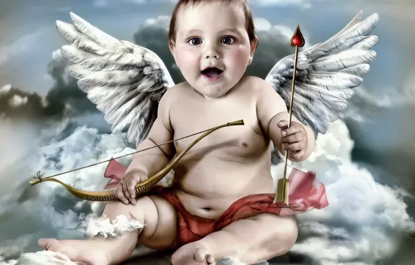 Картинка облака, крылья, ангел, лук, стрела, купидон