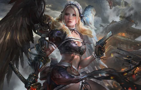 Картинка девушка, пистолет, механизм, крылья, монстр, меч, арт, хвостики