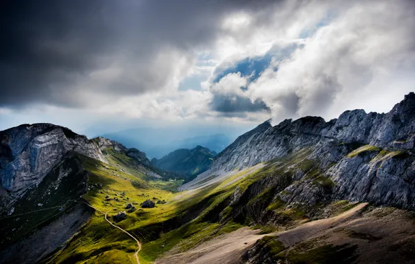 Картинка облака, горы, Швейцария, долина, Switzerland, Mount Pilatus