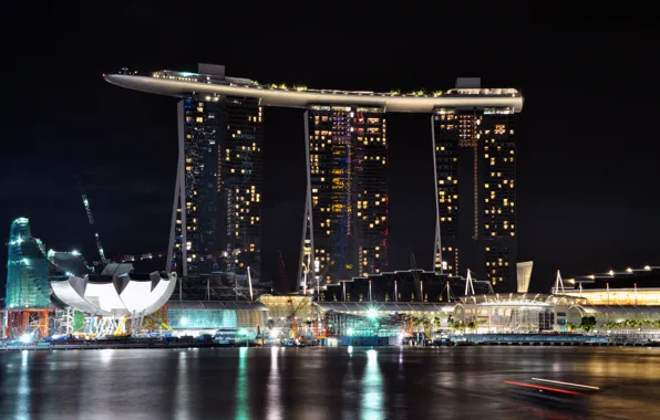 Картинка море, ночь, город, огни, отель, док, сингапур
