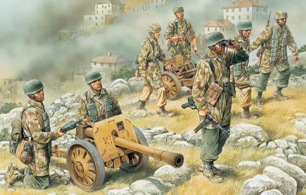 Картинка рисунок, арт, пушка, против, пехота, WW2, немецкая, танков, противотанковая, стрелявшее, Puppchen, реактивными, снарядами, Raketenwerfer