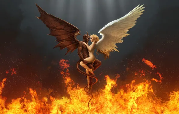 Картинка огонь, крылья, ангел, дьявол, сплетение