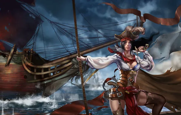 Картинка море, девушка, оружие, ветер, корабль, парусник, арт, пиратка