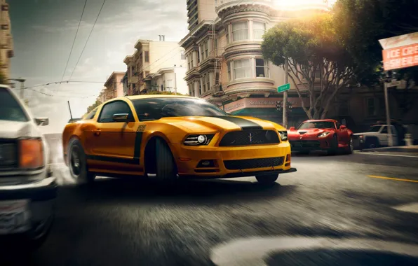 Картинка Mustang, Ford, Muscle, Dodge, Red, Car, Viper, Speed, Front, Sun, Street, San Francisco, Yellow, 302, …