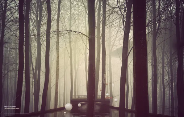 Картинка лес, деревья, мост, туман, река, шары, сооружение, белые, десктопографи, desktopography