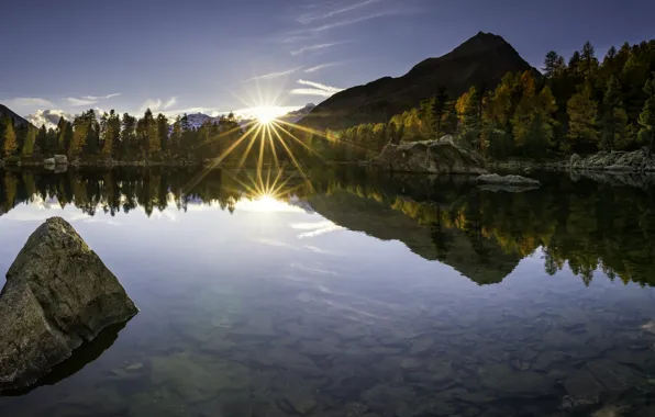 Картинка осень, закат, горы, озеро, отражение, камни, дно, Switzerland, Val di Campo, Lago di Saoseo, Poschiavo, …