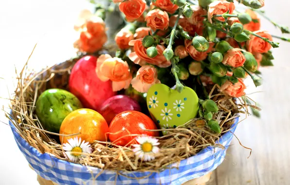 Картинка цветы, розы, яйца, весна, пасха, разноцветные, flowers, spring, Easter, holiday