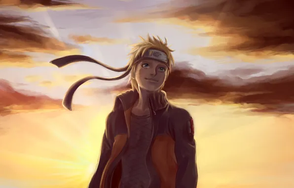Картинка облака, закат, арт, парень, Naruto, бандана