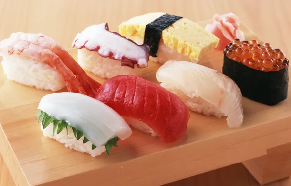 Картинка еда, осьминог, рис, красная, икра, суши, роллы, креветки, морепродукты, японская кухня, имбирь