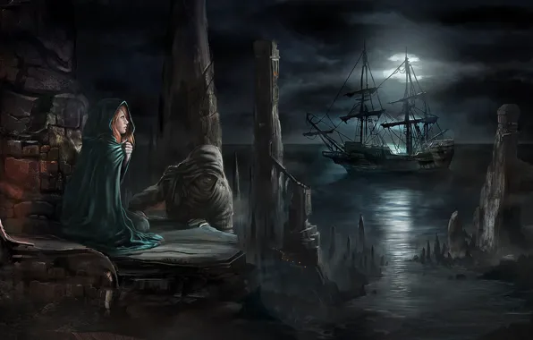 Картинка девушка, облака, свет, ночь, луна, берег, корабль, капюшон, рыжая, плащ, полнолуние