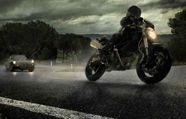 Картинка дорога, дождь, мотоцикл, автомобиль, alfa romeo, ducati