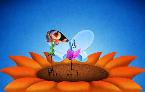 Картинка цветок, гусеница, бабочка, крылья