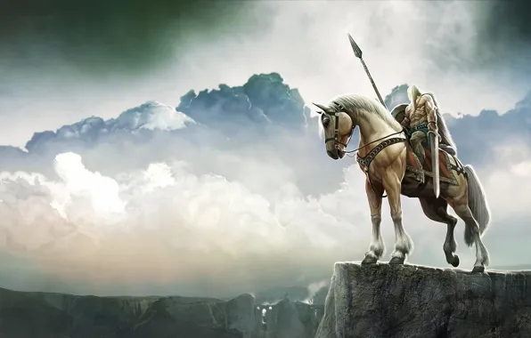 Картинка пейзаж, обрыв, конь, высота, меч, воин, арт, панорама, всадник, копье