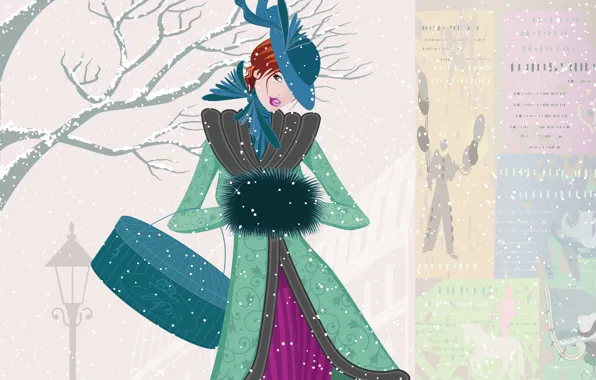 Картинка зима, взгляд, девушка, снег, вектор, шляпка, пальто, винтаж, мех. сумка