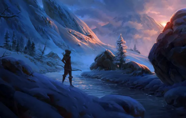 Картинка снег, закат, горы, ручей, камни, воин, арт, путник, лучник, видеоигра, Skyrim, The Elder Scrolls V, …