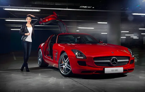 Картинка Mercedes-Benz, Girl, Red, AMG, SLS, Beauty, Supercar, Door, Elmira Abdrazakova