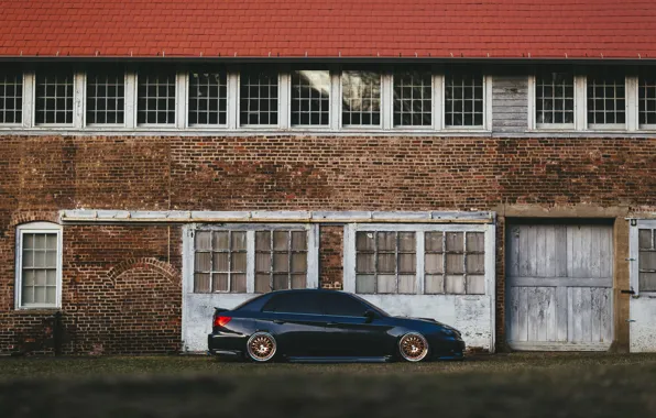 Картинка здание, Subaru, ангар, колеса, WRX, сторона